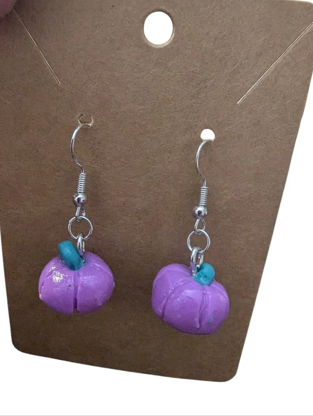 Handmade,Purple Pumpkin Dangle Earrings with Teal Stem
